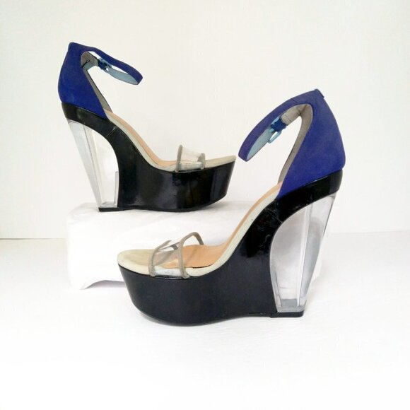 Gianni Bini  Clear & Black Mega Wedge  Royal Blue Suede Ankle Strap Sandals Sz 7 - Picture 4 of 9